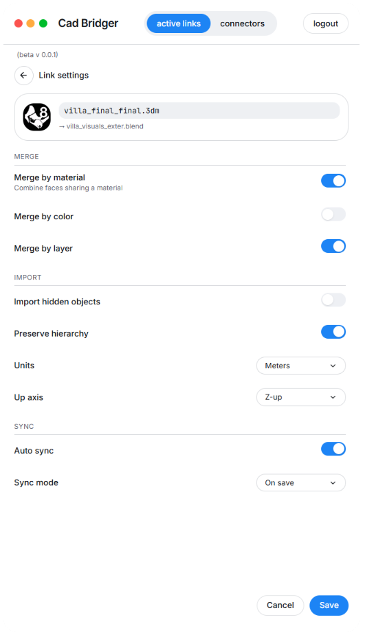 Cad Bridger link settings screen